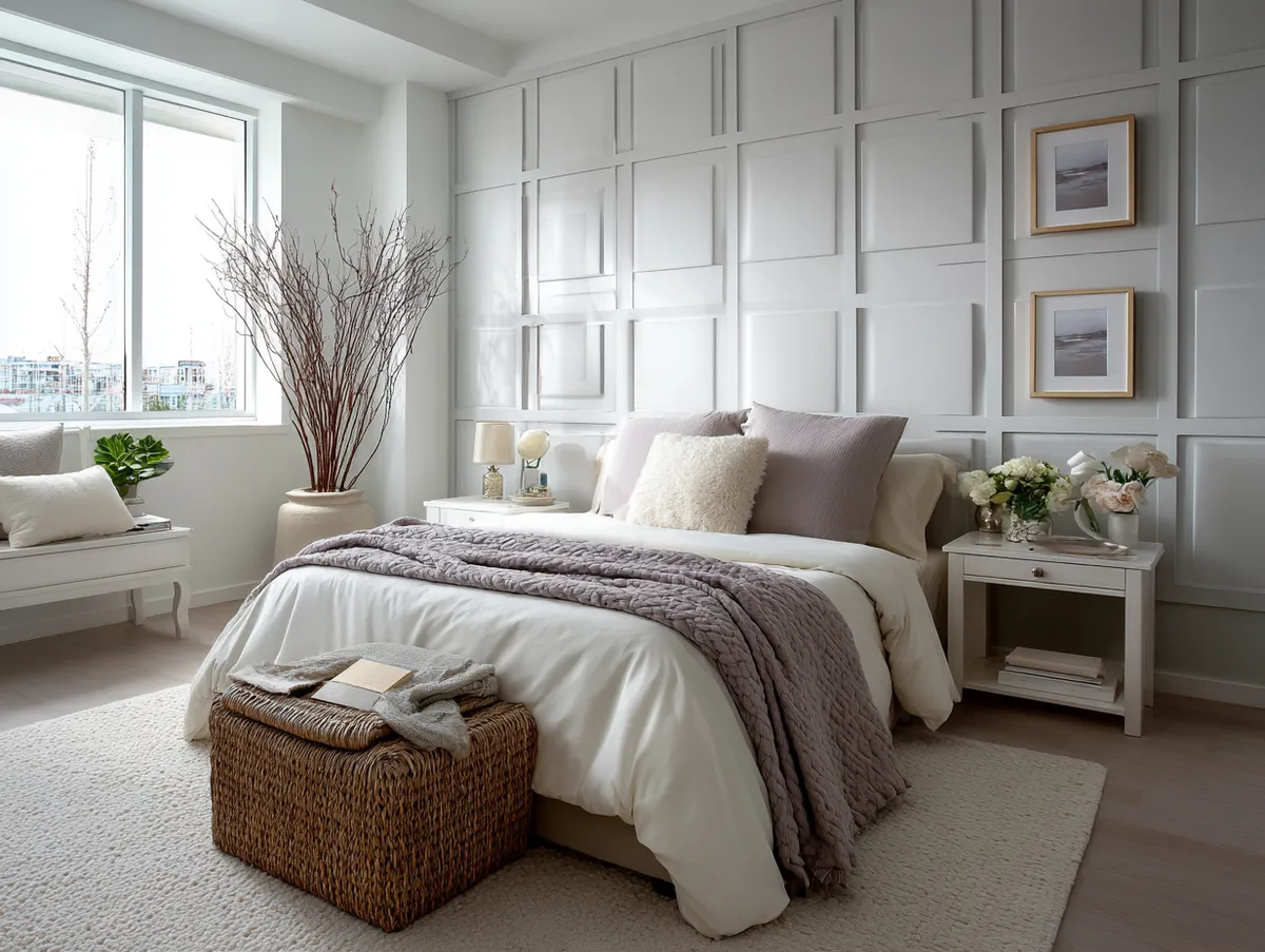 bedroom with white PVC panels on accent wall