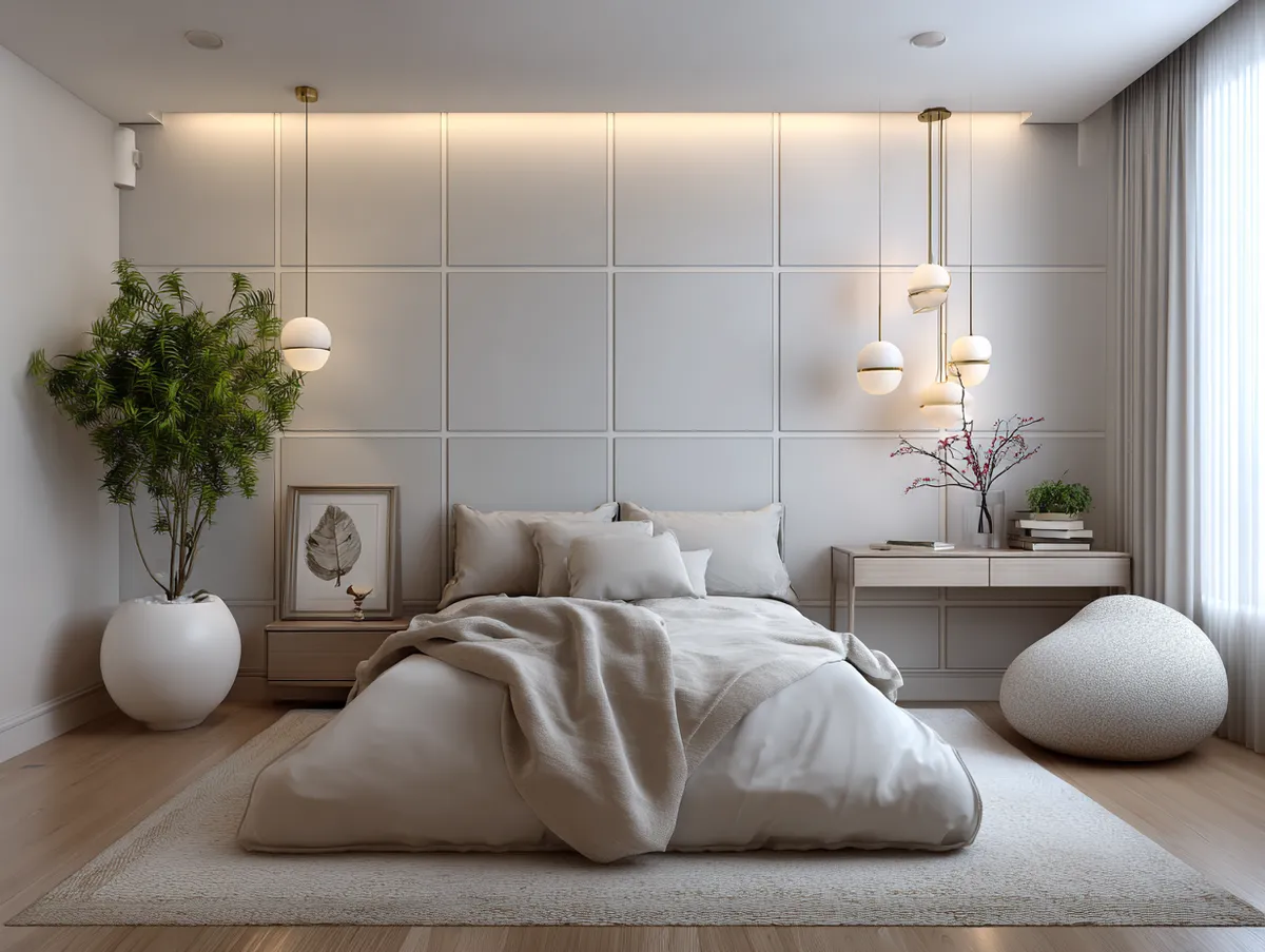 white PVC panel bedroom with soft lighting