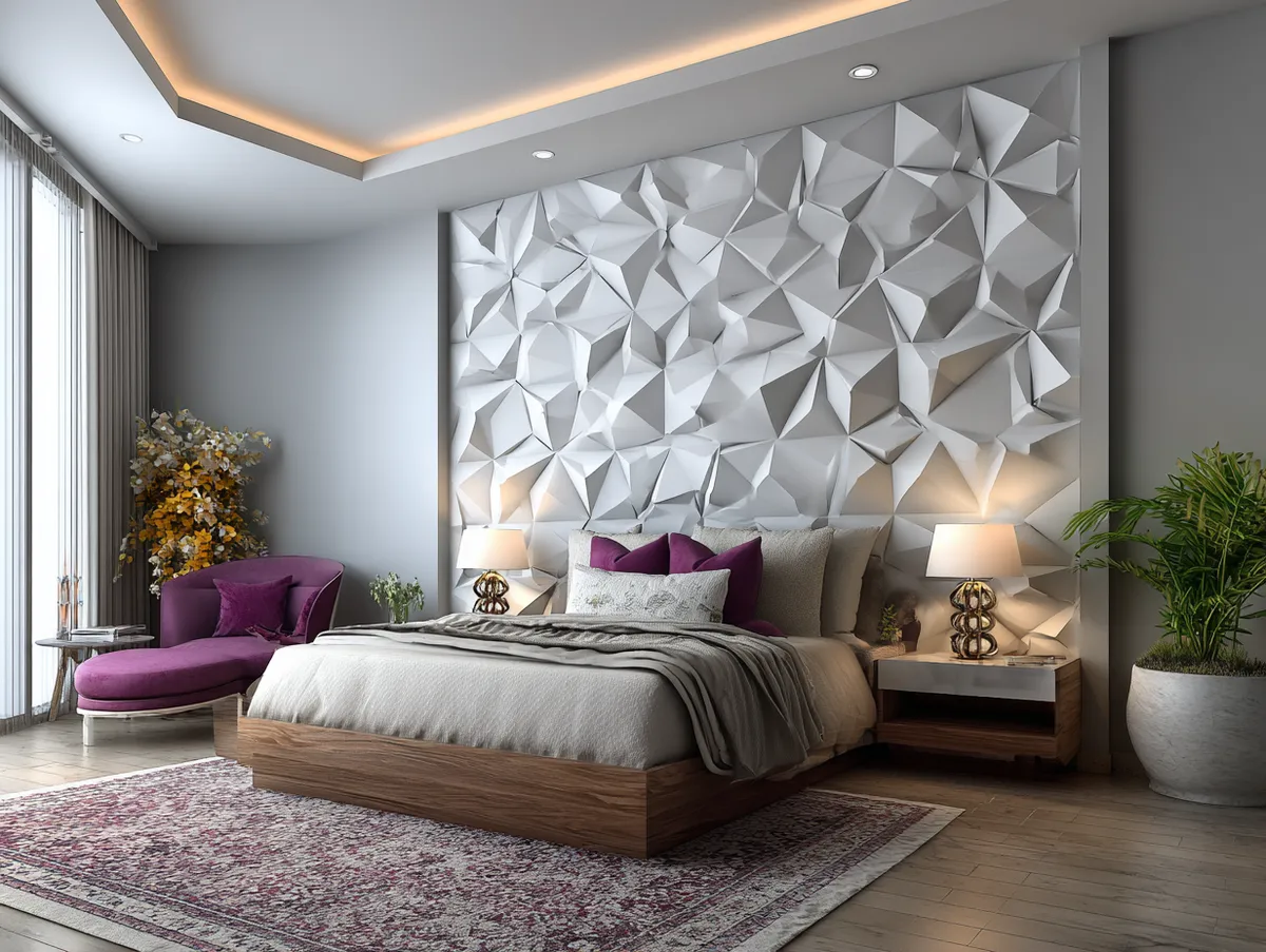 3D PVC wall panels creating texture in bedroom