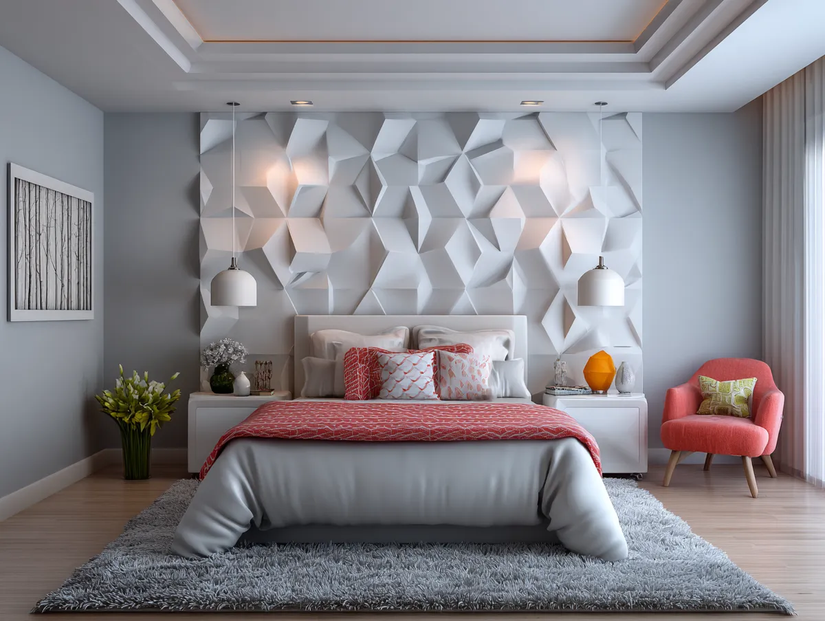 modern bedroom with geometric PVC accent wall