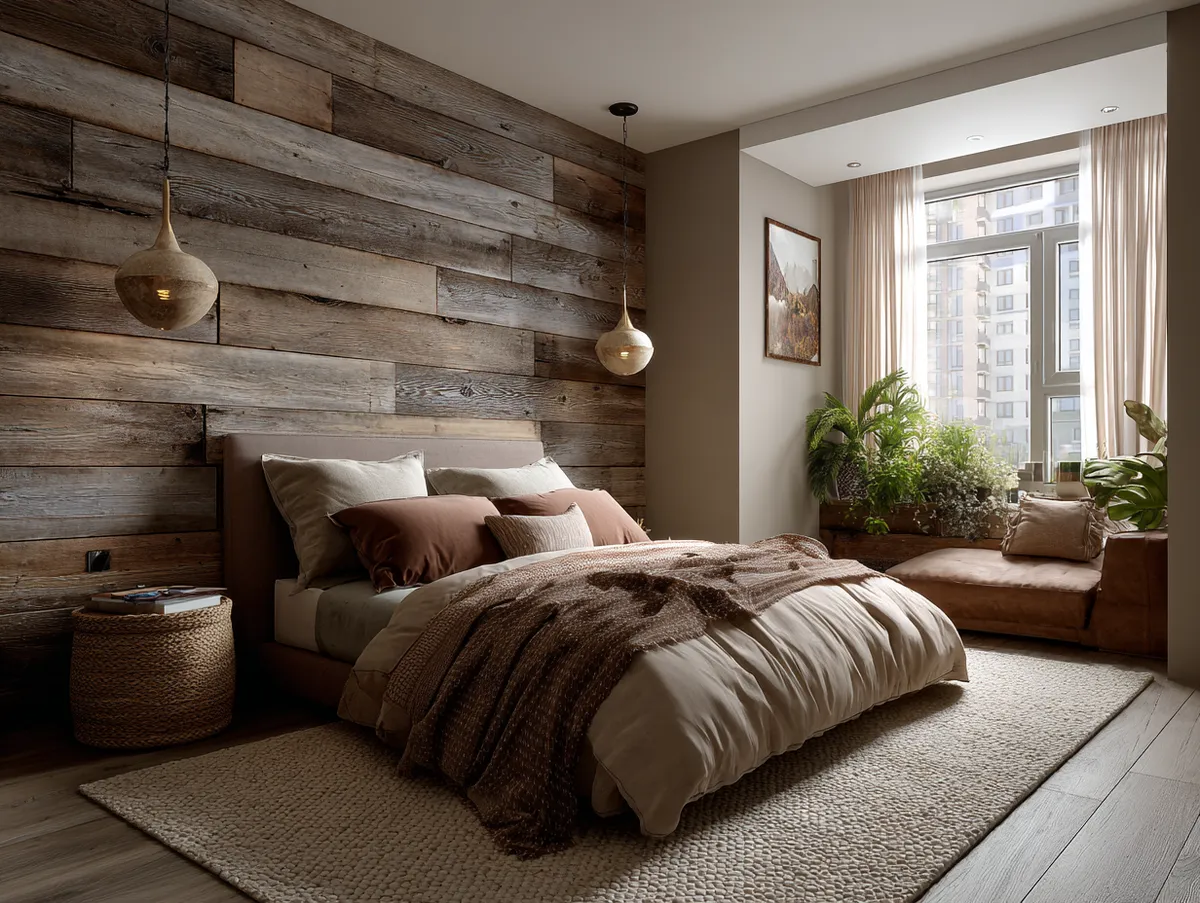 wood-effect PVC wall panel in a cozy bedroom
