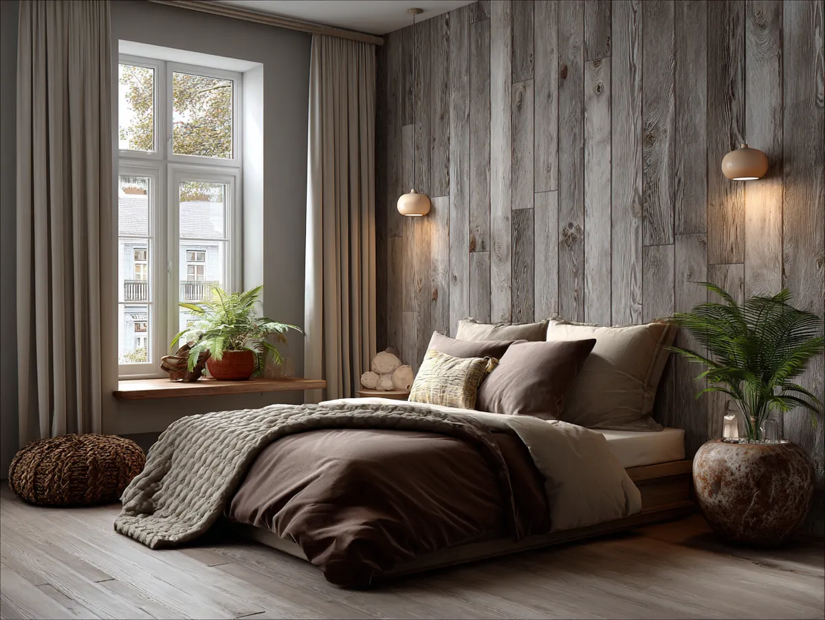 wood-grain PVC wall panel design in bedroom