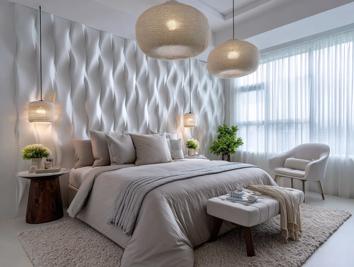 white PVC wall panel design in a minimalist bedroom