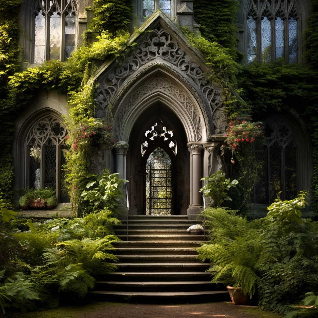An enchanting gothic arch design serving as an intriguing home entrance.