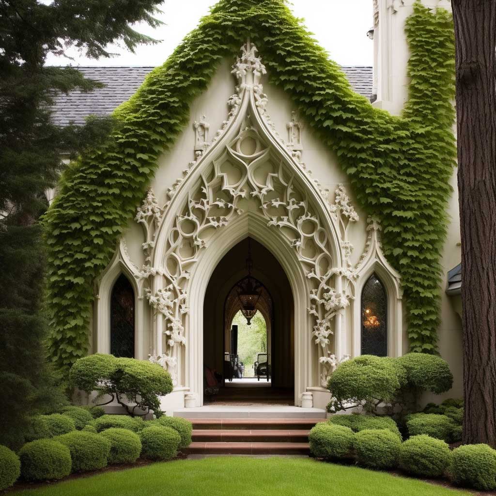 An enchanting gothic arch design serving as an intriguing home entrance.