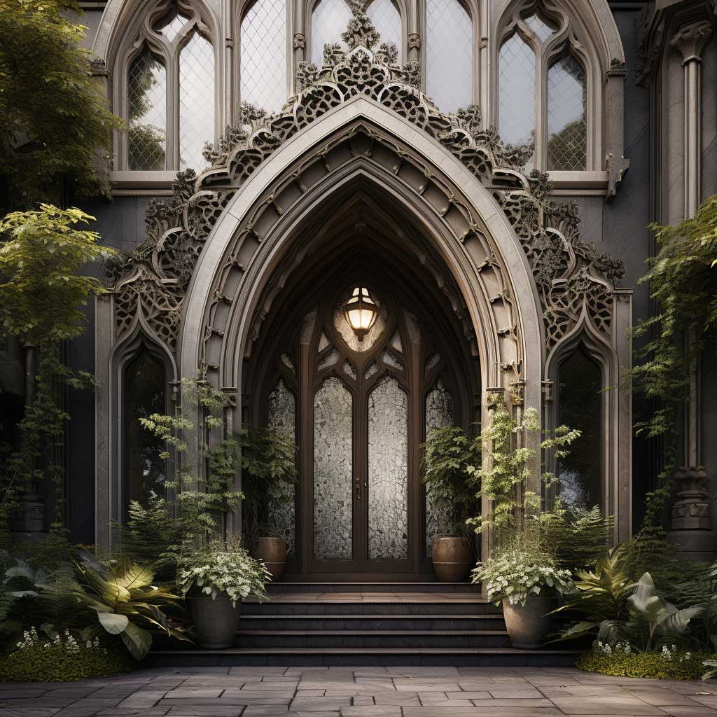 An enchanting gothic arch design serving as an intriguing home entrance.