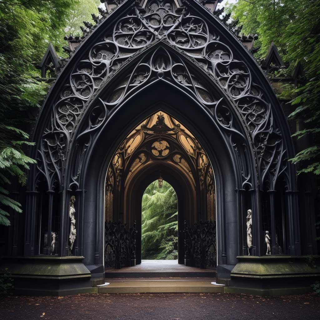 An enchanting gothic arch design serving as an intriguing home entrance.