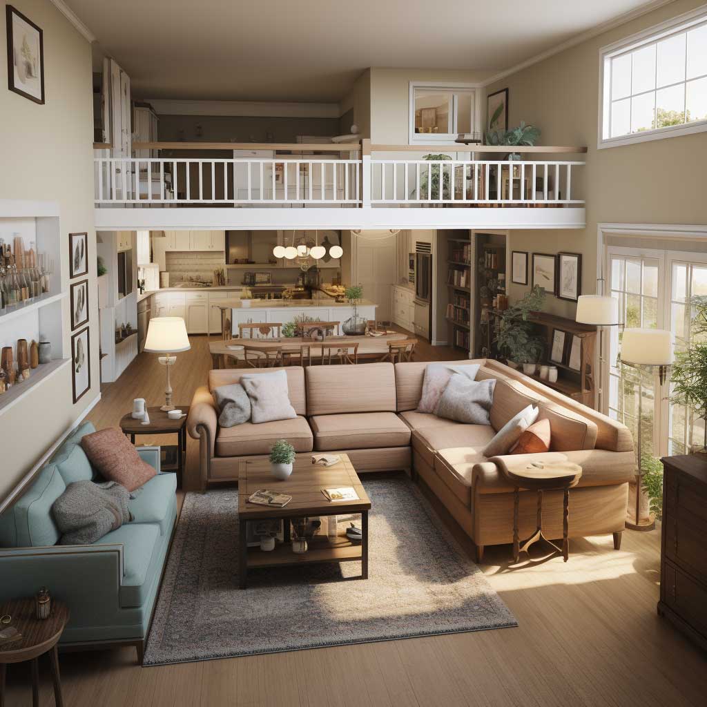 An image showcasing a split-level living room that uses furniture arrangement to define distinct zones.