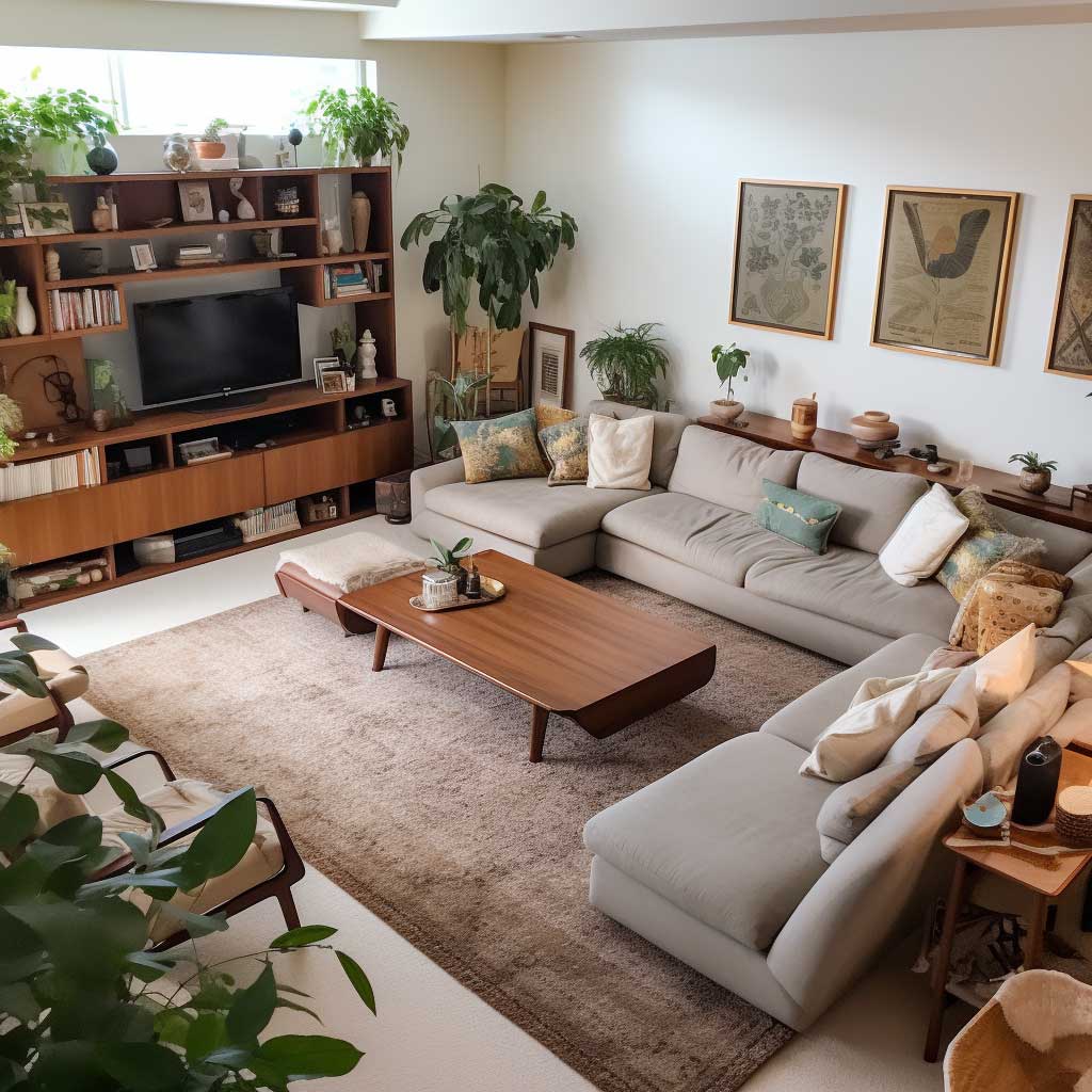 A photo showing an L-shaped living room with the furniture placement optimizing the unusual layout.