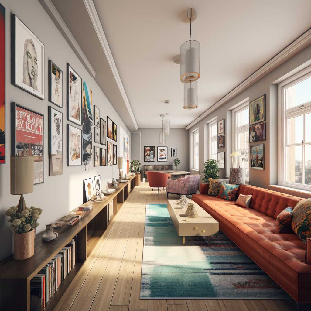An image displaying a long, narrow living room creatively designed to make the most of the space.