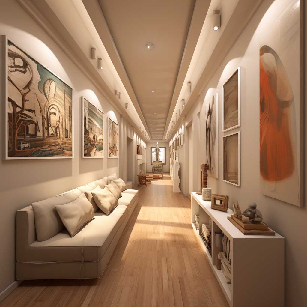 An image displaying a long, narrow living room creatively designed to make the most of the space.