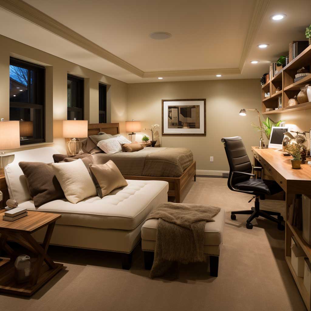 A cozy, multifunctional basement bedroom with a work area, plush seating, and warm lighting.