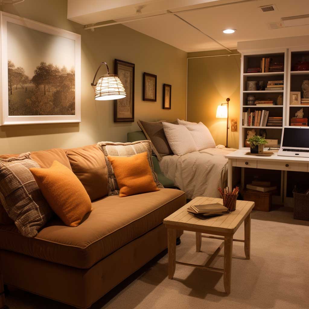 A cozy, multifunctional basement bedroom with a work area, plush seating, and warm lighting.