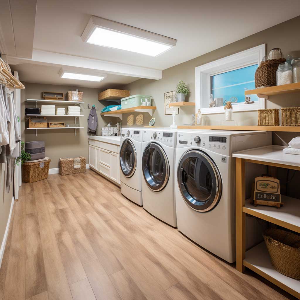 A basement laundry room with a built-in ironing station next to the washer and dryer.