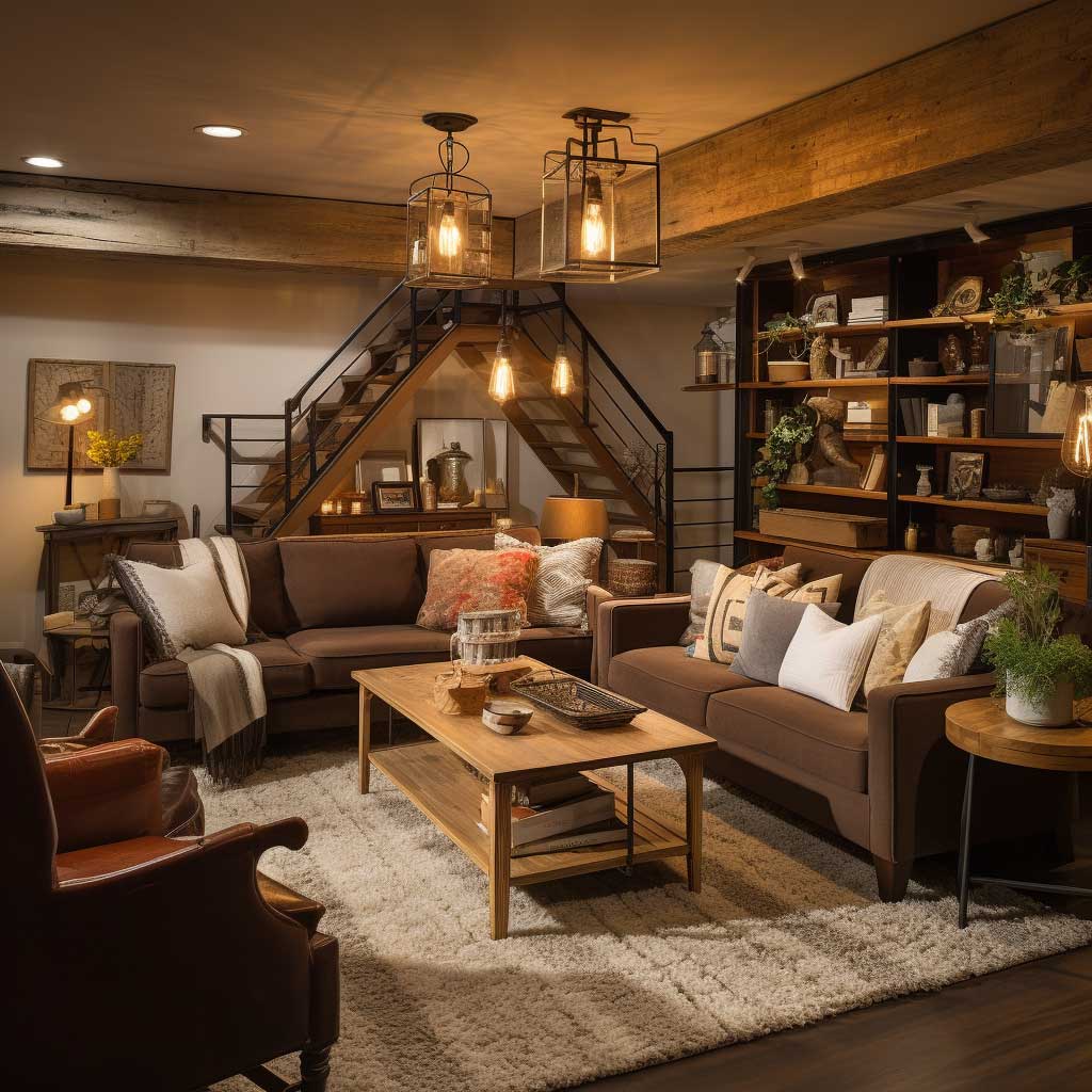 A cozy, rustic-inspired basement living room with wood elements, warm lighting, and comfortable furniture, creating an inviting and warm atmosphere.