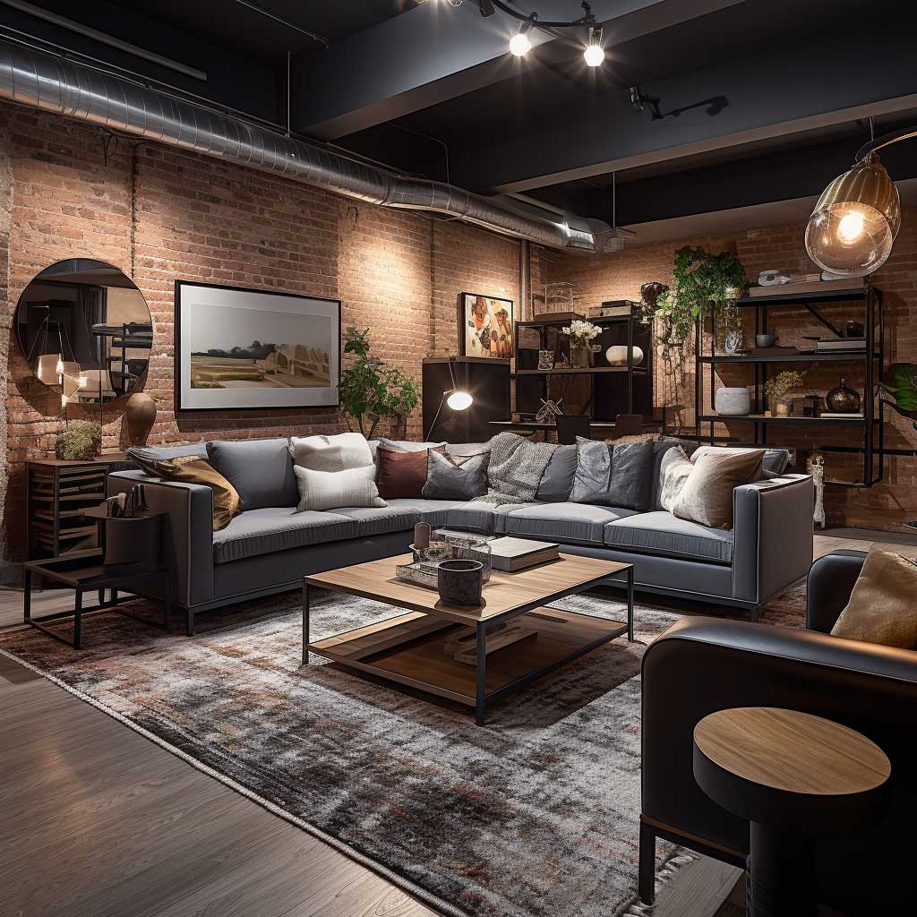 An industrial-style basement living room featuring exposed brick walls, metal accents, and modern furniture, providing a chic, urban vibe.