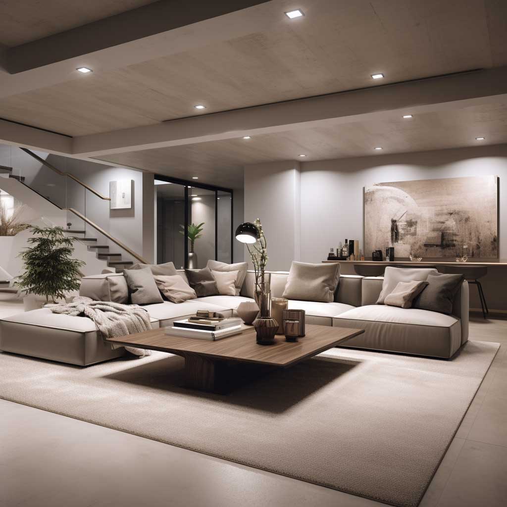 A spacious, modern basement living room with a minimalist design, featuring neutral colors, clean lines, and strategically placed lighting.