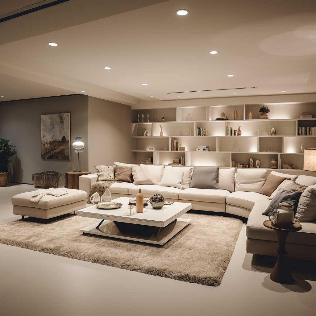 A spacious, modern basement living room with a minimalist design, featuring neutral colors, clean lines, and strategically placed lighting.