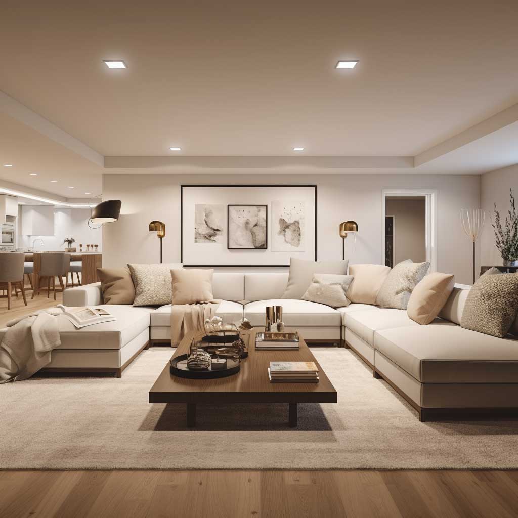 A spacious, modern basement living room with a minimalist design, featuring neutral colors, clean lines, and strategically placed lighting.