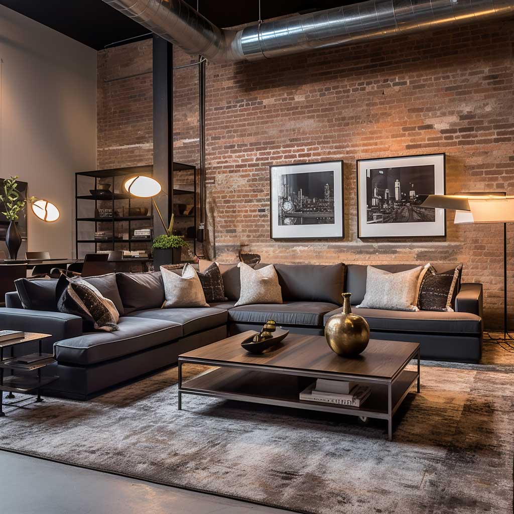 An industrial-style basement living room featuring exposed brick walls, metal accents, and modern furniture, providing a chic, urban vibe.