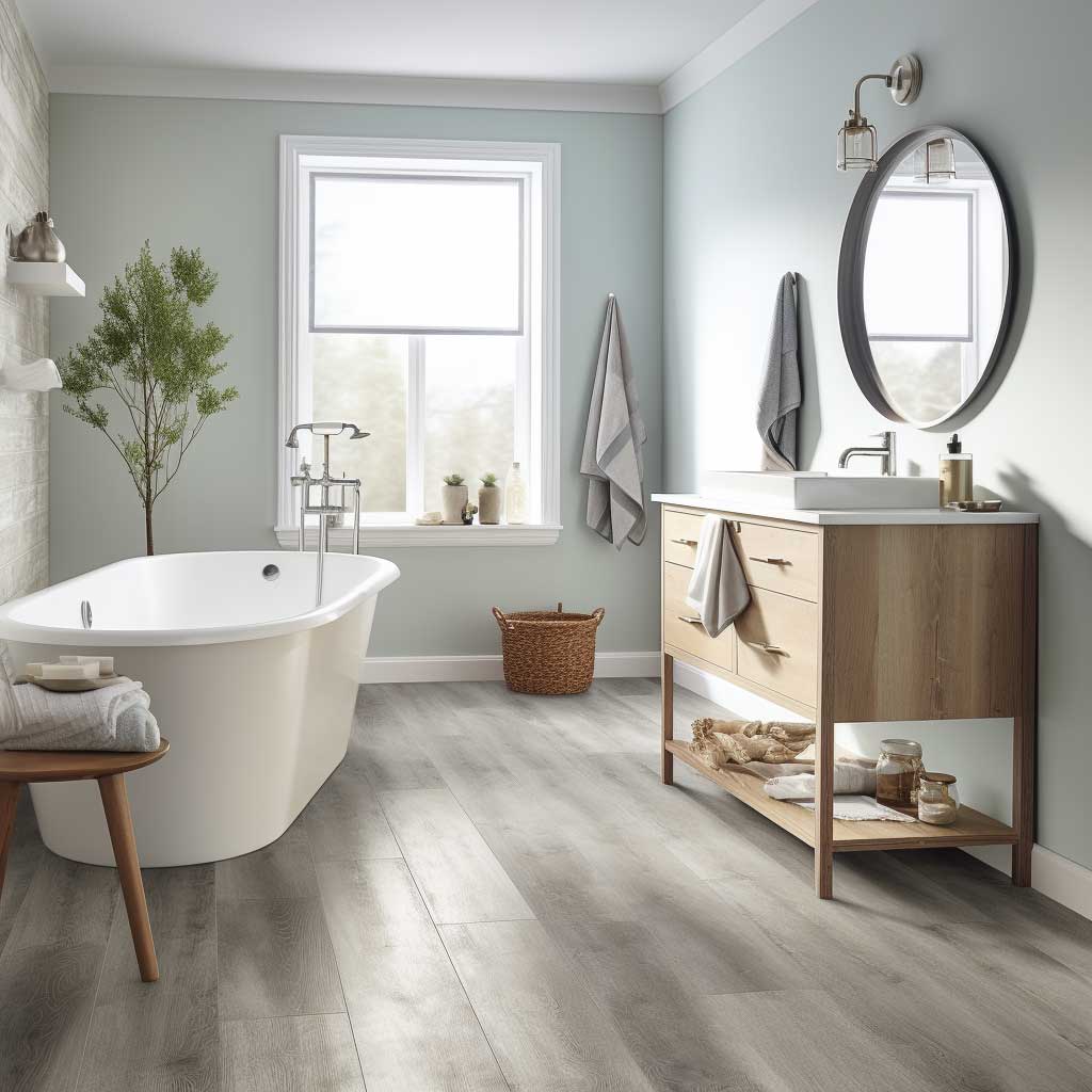 A cozy bathroom featuring resilient vinyl flooring, exemplifying its classic appeal and practical benefits.