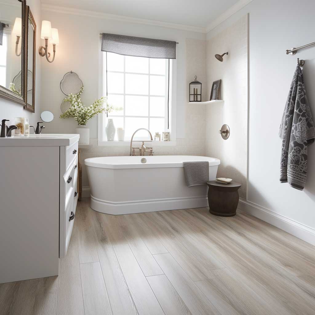 A cozy bathroom featuring resilient vinyl flooring, exemplifying its classic appeal and practical benefits.