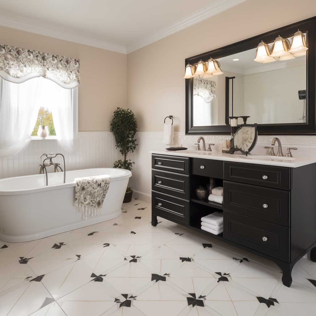 An elegant bathroom featuring ceramic tile flooring, demonstrating its versatile design options and durability.