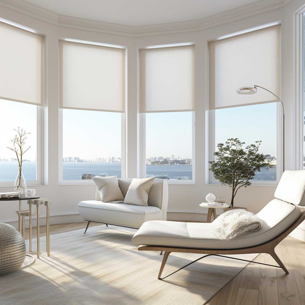 The image shows a modern room with bay windows, covered with sleek roller shades, offering a crisp, clean look.