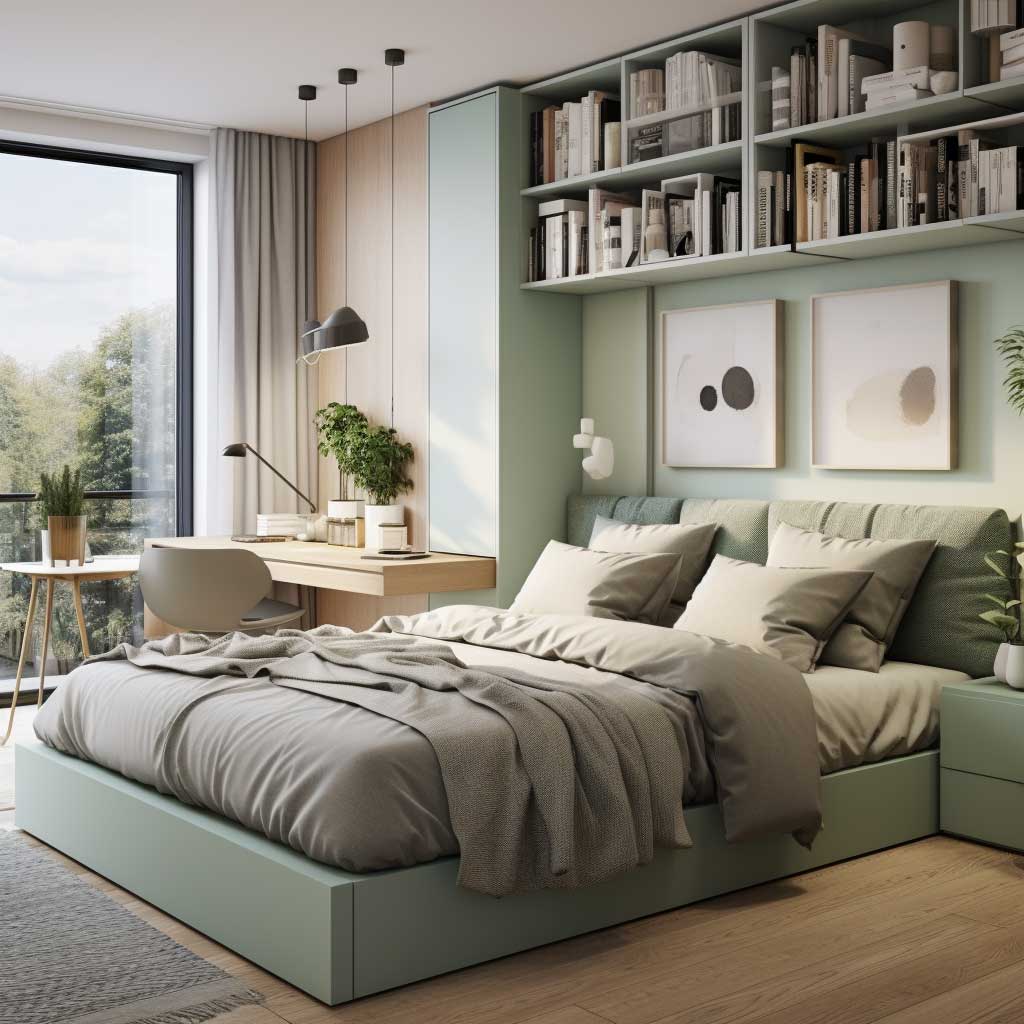 A small bedroom featuring multifunctional furniture as part of its decoration design.