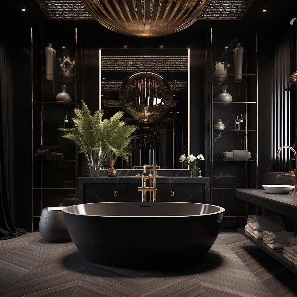 A captivating image highlighting the sophisticated features of a black modern bathroom, emphasizing on the intricate details and luxurious elements.