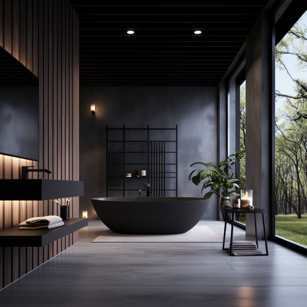 An image showcasing a stunning black modern bathroom that uses contrast to create a visually appealing space.