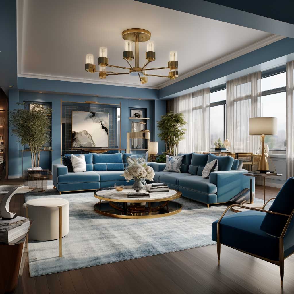 A snapshot of a well-designed living room featuring blue furniture and accents, blending seamlessly with the overall decor scheme.