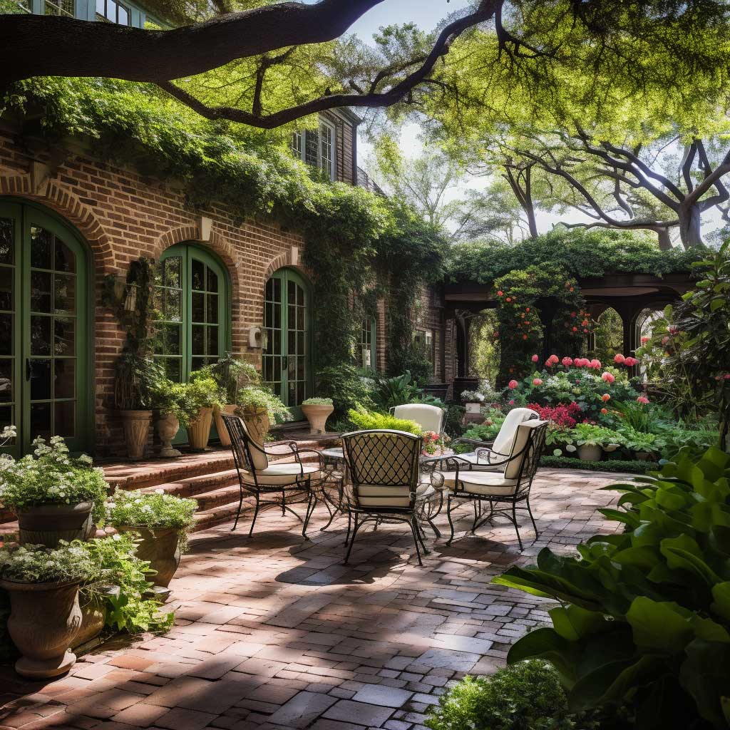 A photograph featuring a beautiful brick patio seamlessly blending with a vibrant green landscape.