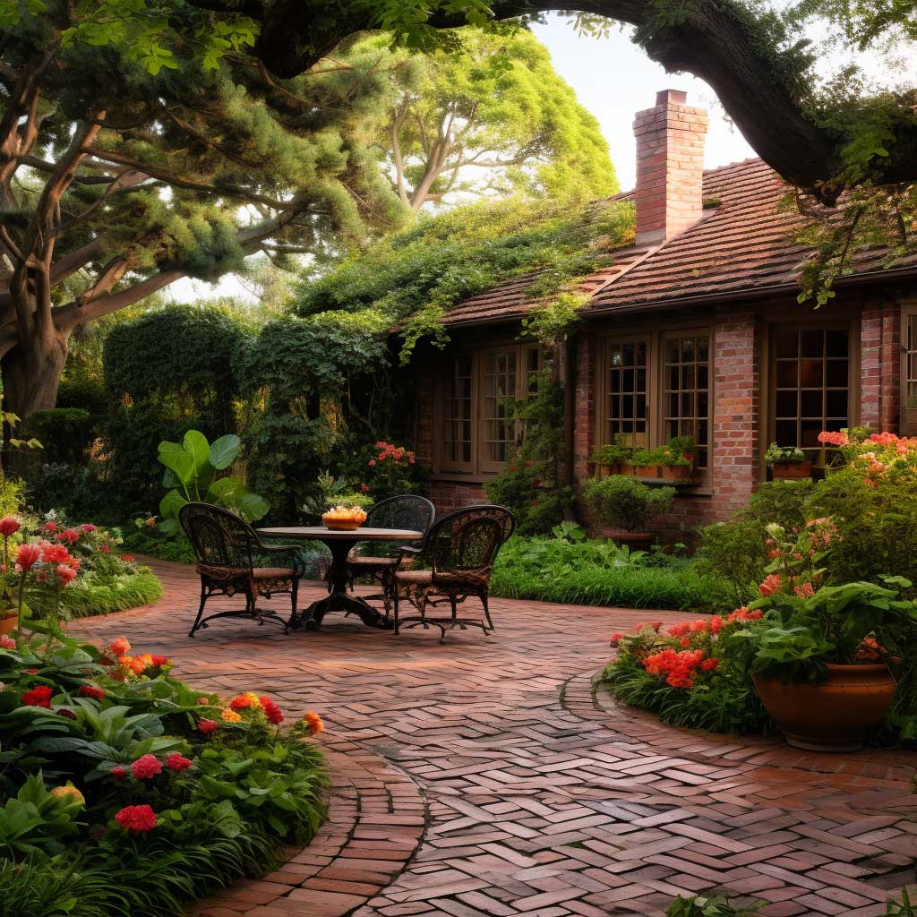 An image of a charming red brick patio nestled within a lush garden.