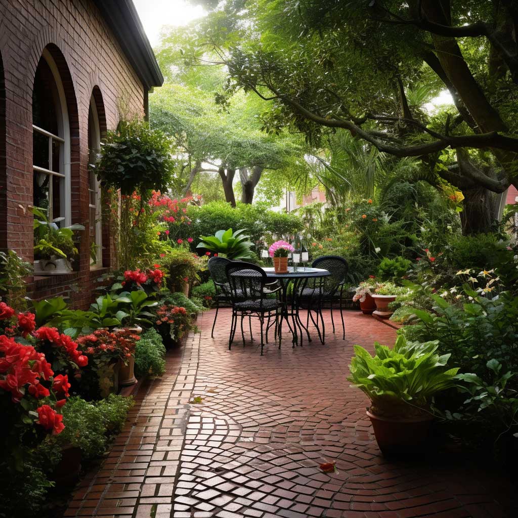 An image of a charming red brick patio nestled within a lush garden.