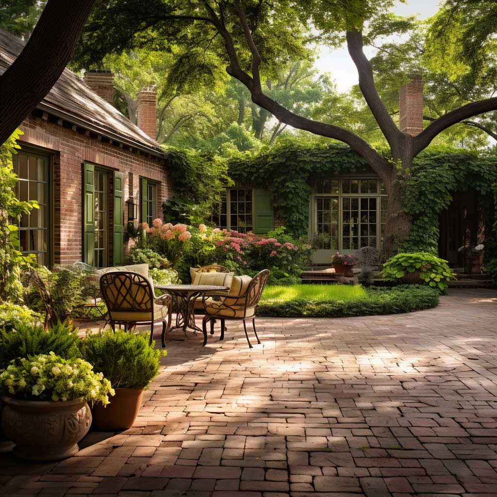 A photograph featuring a beautiful brick patio seamlessly blending with a vibrant green landscape.