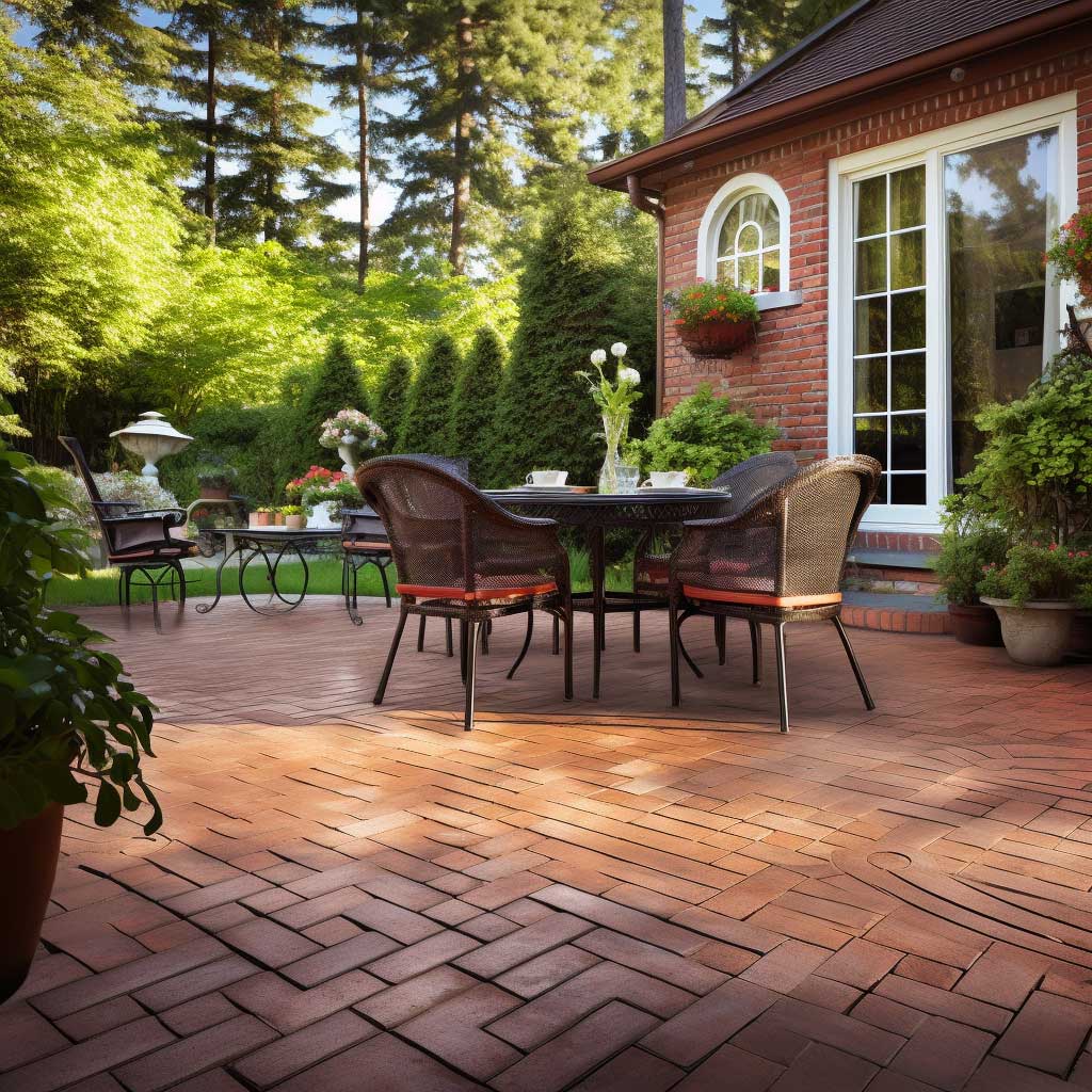 A photograph featuring a beautiful brick patio seamlessly blending with a vibrant green landscape.