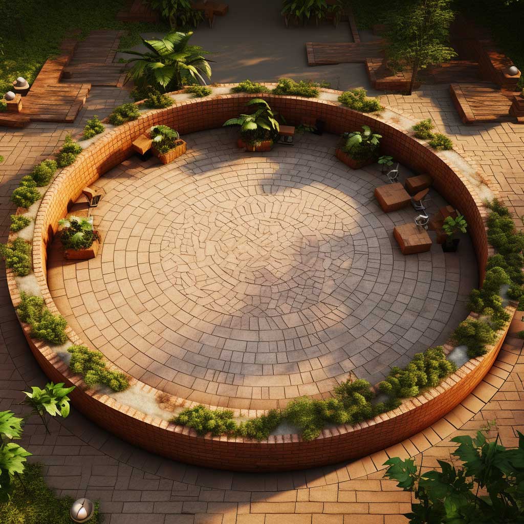 An image depicting a circular brick patio layout as a creative outdoor design concept.