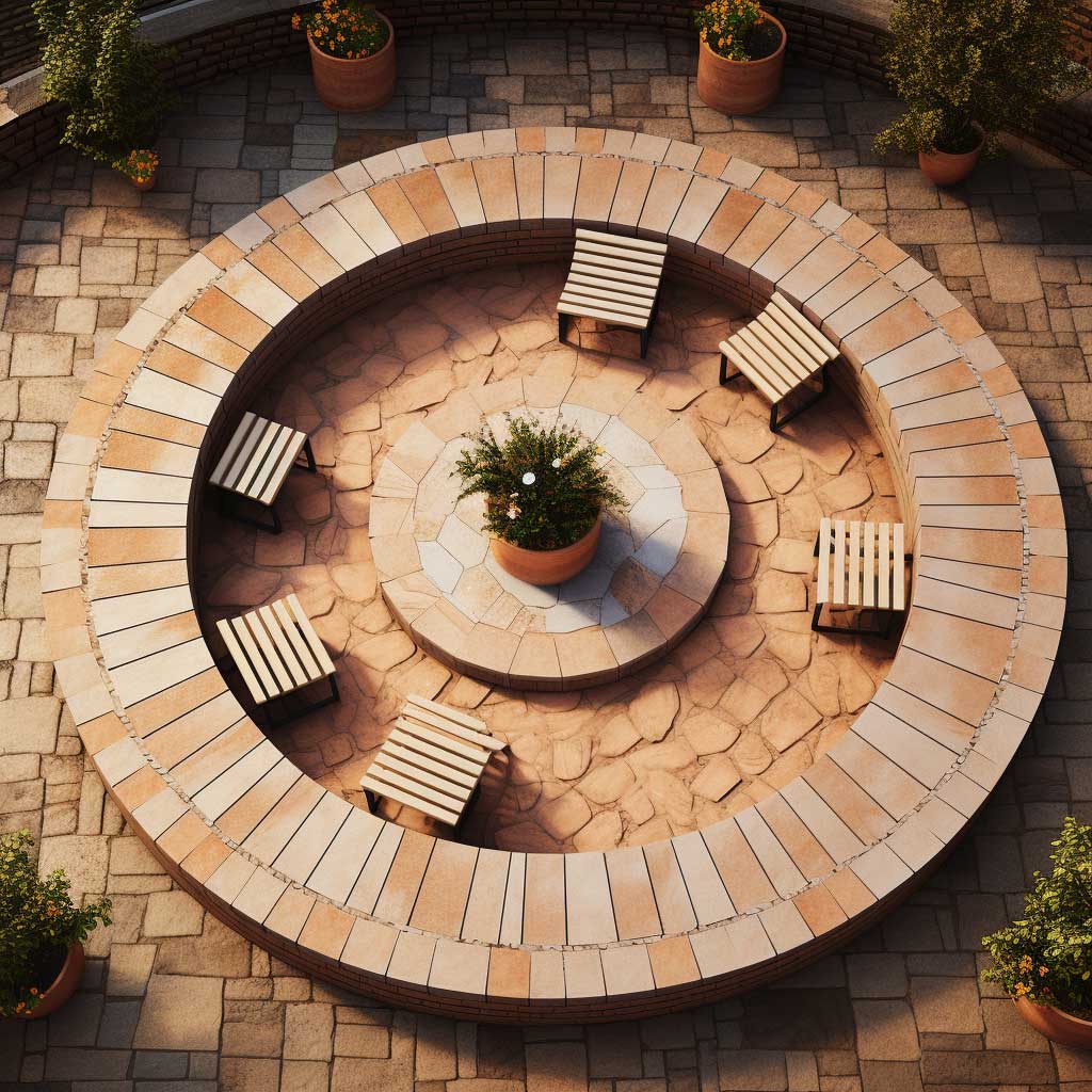 An image depicting a circular brick patio layout as a creative outdoor design concept.