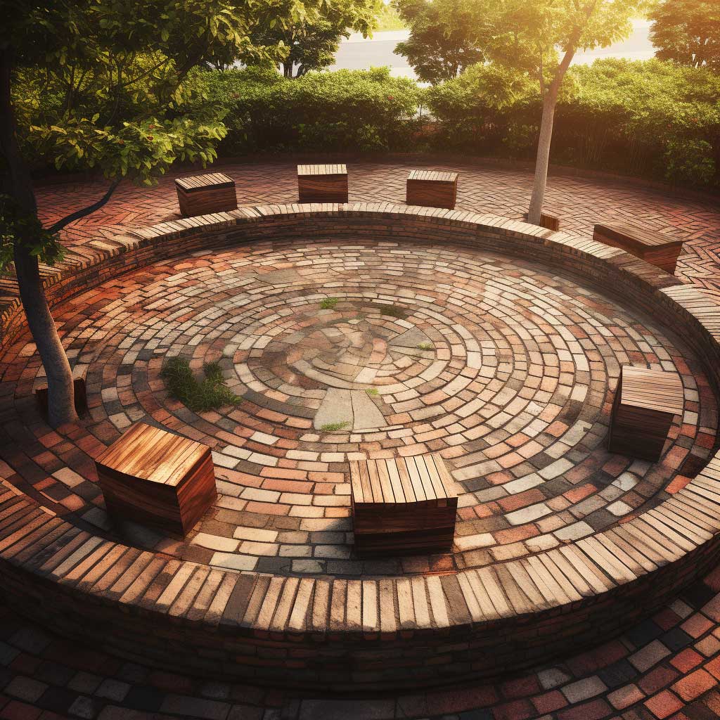 An image depicting a circular brick patio layout as a creative outdoor design concept.