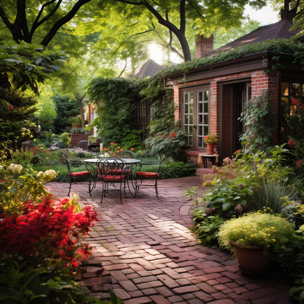 An image of a charming red brick patio nestled within a lush garden.