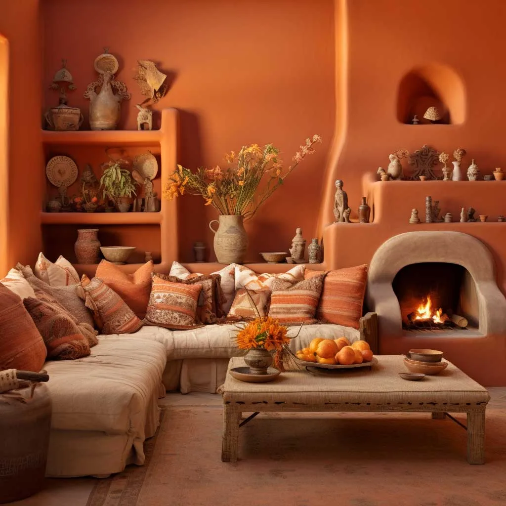 A cozy living room with warm terracotta walls, creating a welcoming and homely atmosphere.