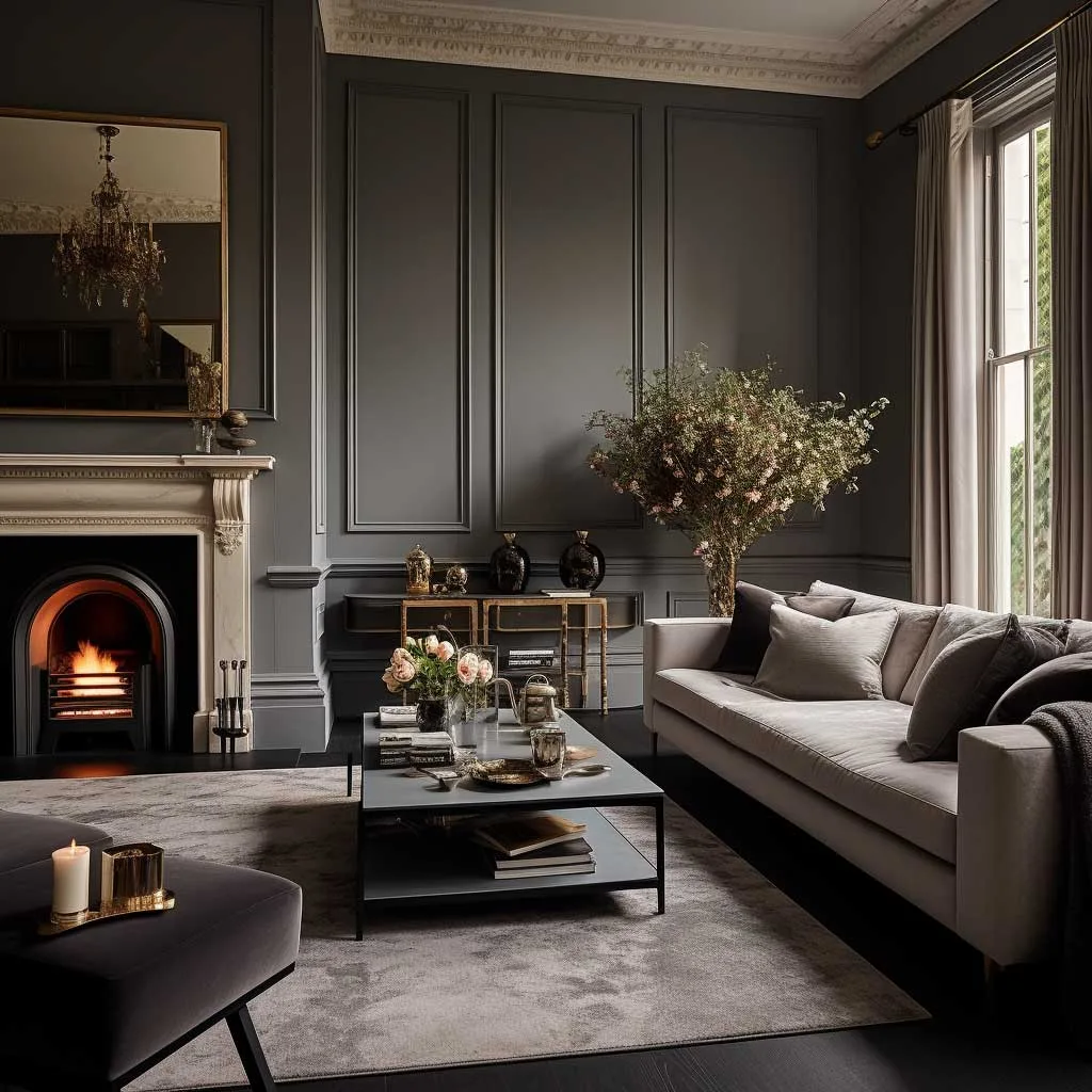 A sophisticated living room featuring elegant grey walls, creating a modern and chic atmosphere. 