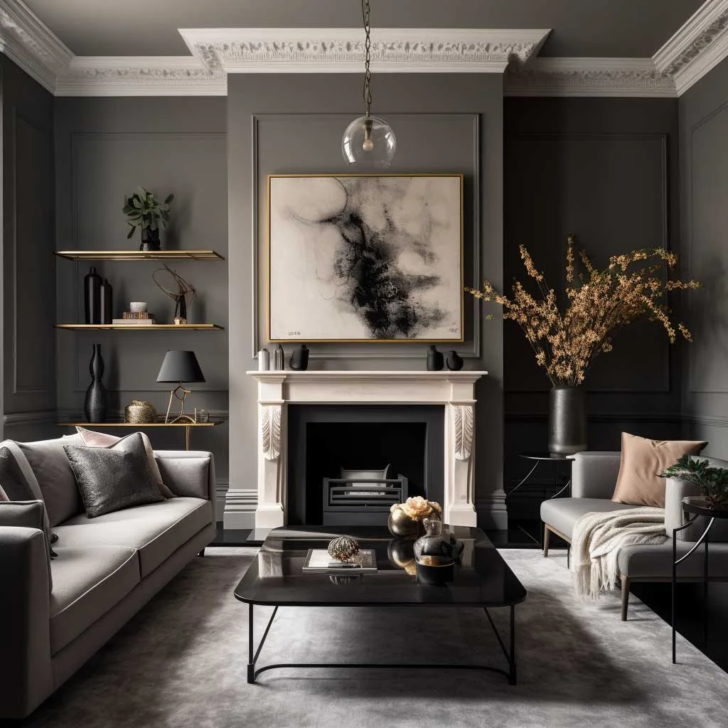 A sophisticated living room featuring elegant grey walls, creating a modern and chic atmosphere. 