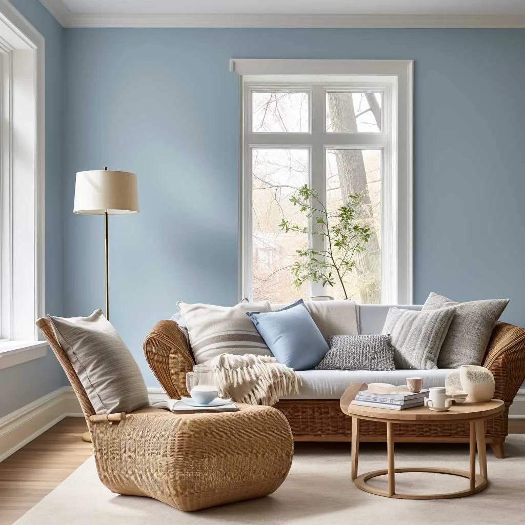 A serene living room featuring soothing blue walls, creating a calm and relaxing atmosphere.