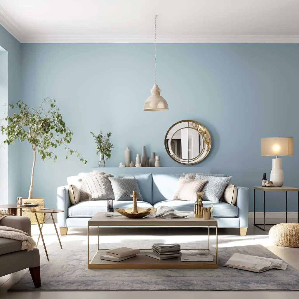 A serene living room featuring soothing blue walls, creating a calm and relaxing atmosphere.