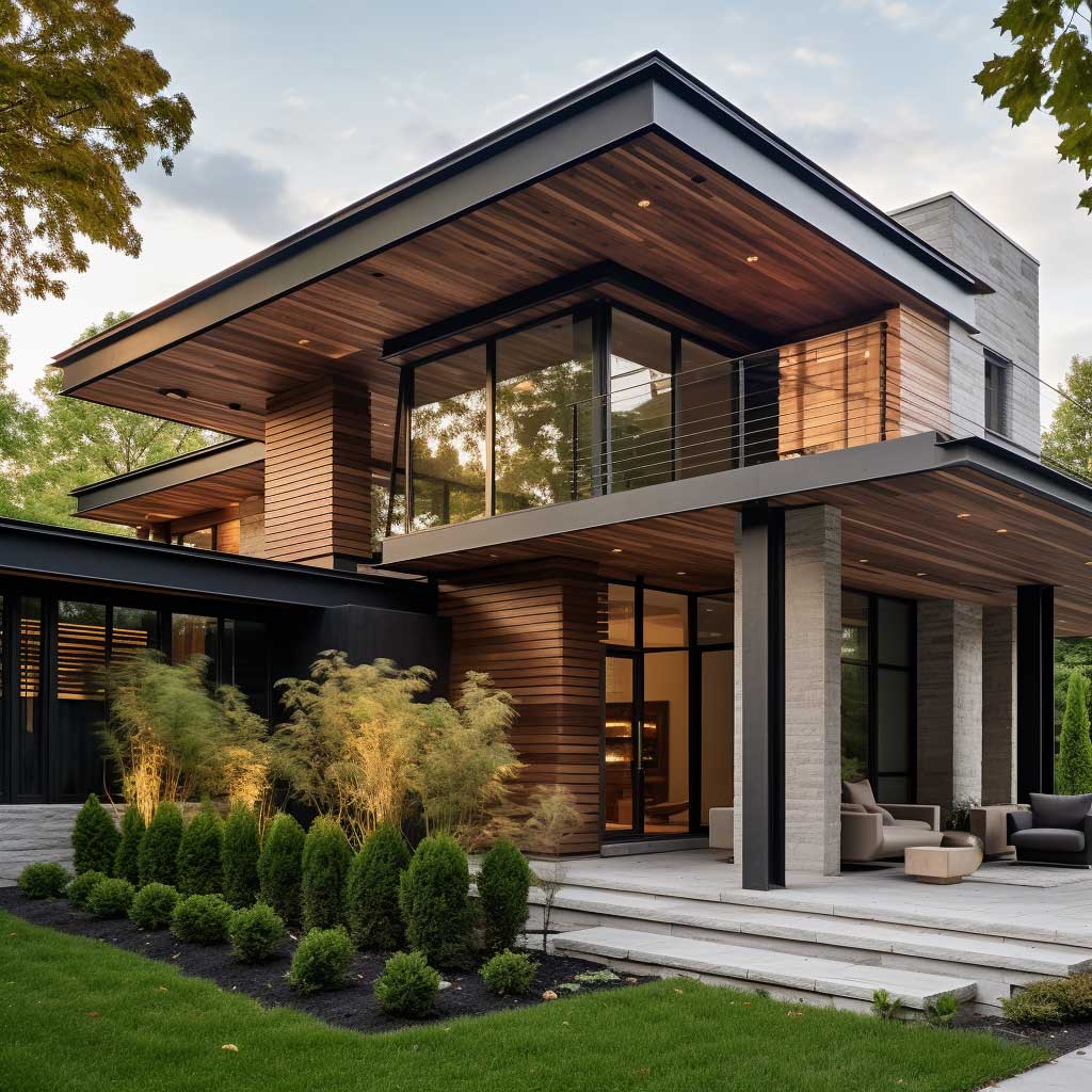 A contemporary home with wooden column covers exterior, providing a warm, natural element to the otherwise sleek design.