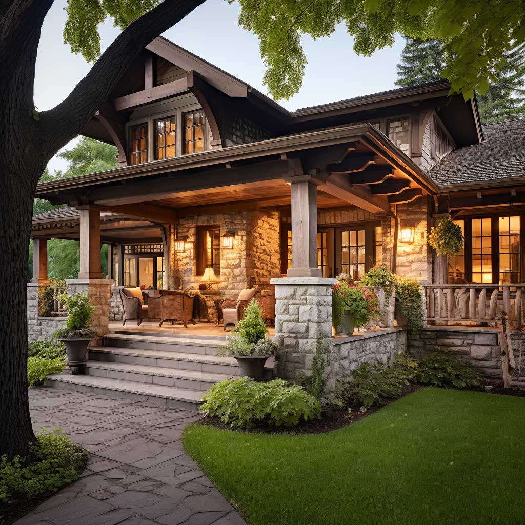 A rustic-style home's front porch enhanced with classic stone column covers for a warm, inviting look.