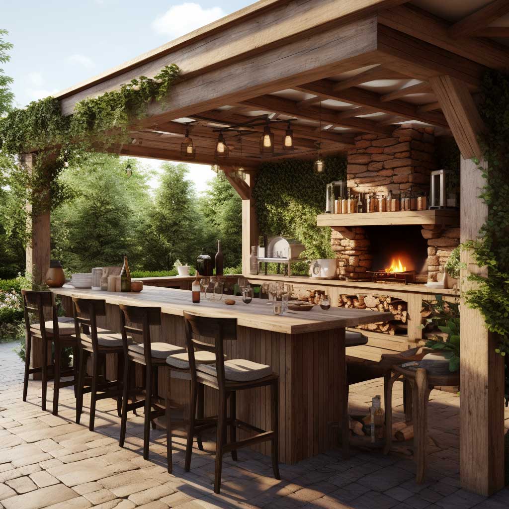 An image depicting a rustic and charming outdoor kitchen nestled under a beautiful wooden pergola.