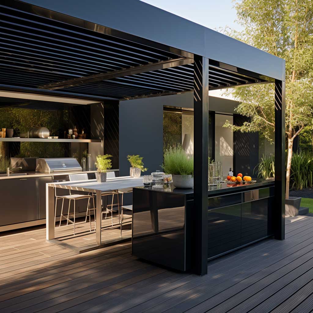 An image showing a modern and sleek outdoor kitchen covered by a metal canopy, exuding a contemporary vibe.